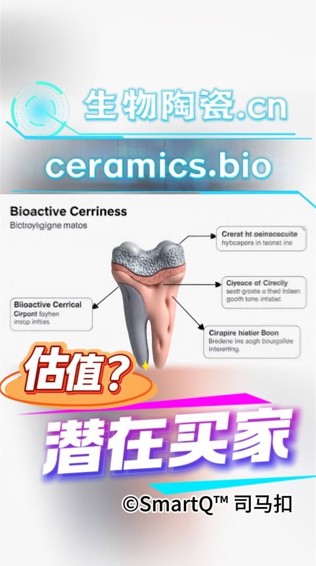 一张关于生物陶瓷的域名展示配图。画面顶部有发光的“生物陶瓷.cn”和“ceramics.bio”字样。画面主体是一颗 3D 渲染的人类牙齿剖面图，表面为灰色多孔陶瓷结构，牙根为粉色。牙齿周围有四个标注框，通过线条指向牙齿的不同部位。画面底部有橙色的“估值？”和紫白色的“潜在买家”字样，右下角带有“©SmartQ™ 司马扣”的水印。