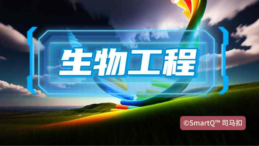 一张关于“生物工程”的横幅配图。画面中央有巨大的蓝白相间“生物工程”立体字，背景是蓝天、白云和绿色的田野山坡，右下角带有“©SmartQ™ 司马扣”的水印