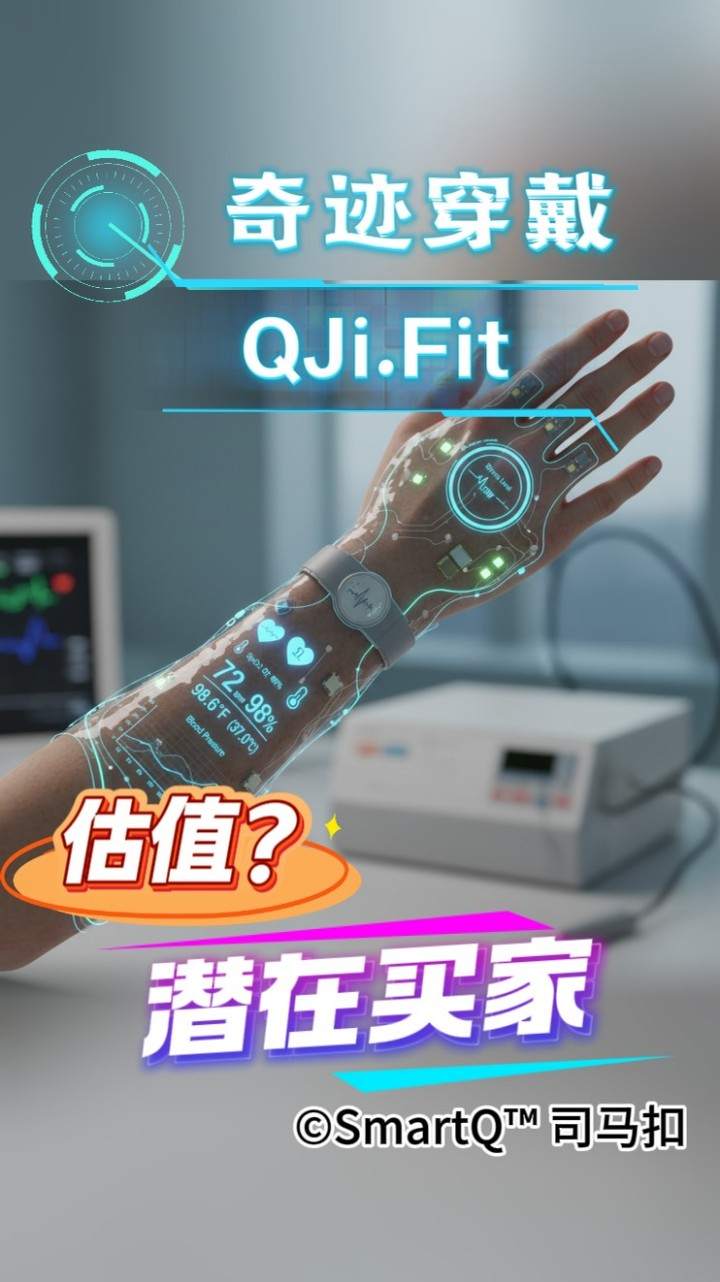 奇迹穿戴（QJi.Fit ）宣传海报，配图为带有全息健康数据投影的智能穿戴手臂，监测显示心率72与血氧98%，下方写有“估值？”与“潜在买家”字样，版权归属 ©SmartQ™ 司马扣。